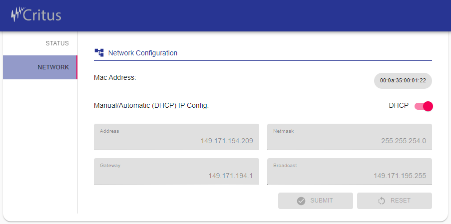 Network configuration screen showing MAC address and manual or DHCP addressing